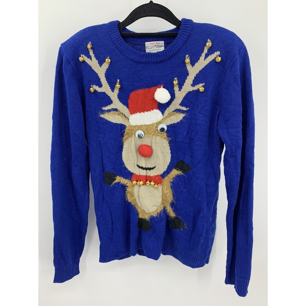 Poof Holiday Reindeer Head Ugly Christmas Sweater Jingle Bells Googly Eyes Large